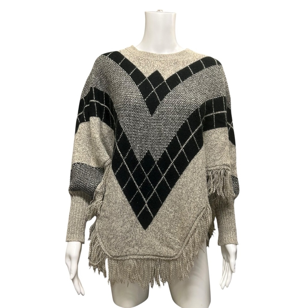 Monteau Black Gray Argyle Pattern Cape with Sleeves Size M